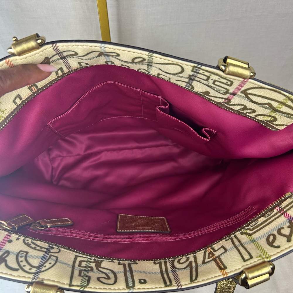 Coach Tattersall Graffiti Tote Gold/Cream Pink Lining Style F13187 Excellent - Picture 8 of 15